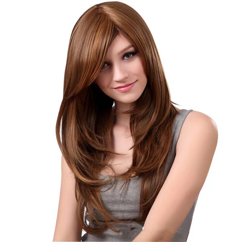 European and American Wig with Oblique Bangs, Long Hair, Highlighted Brown Long Straight Hair, Pear Blossom Curls, Chemical Fiber Hair Headgear with Bangs