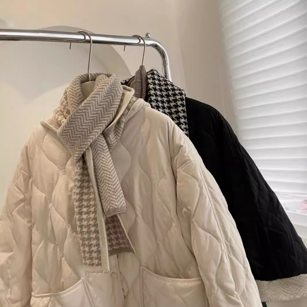 Collarless lamb wool splicing light and thin winter Korean version loose small fragrant dia plaid warm cotton jacket_voghion.com