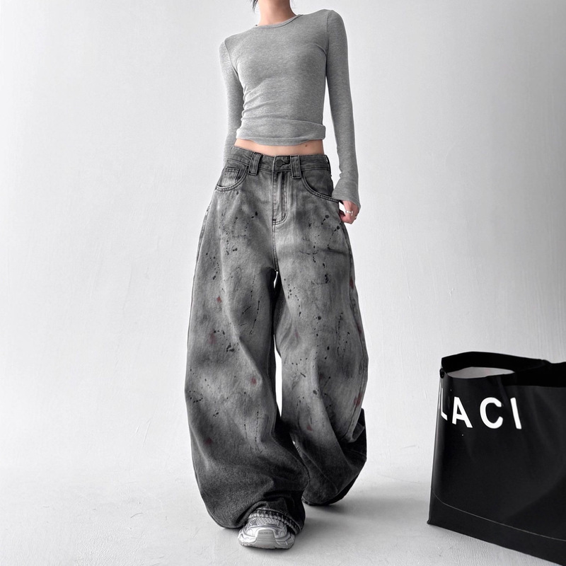 Cross-Border High-Quality Slim Straight Wide-Leg Trousers Trendy New Scimitar Casual Jeans for Men and Women Washed Loose Pants