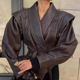时尚翻领系带长袖皮衣夹克外套 秋冬跨境女士街头个性机车外套