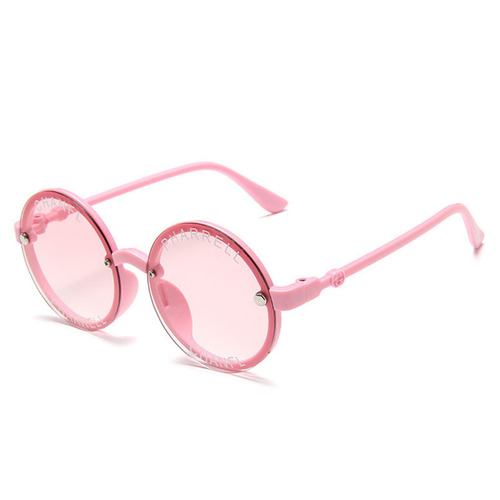 A stylish round cartoon animal children's sunglasses with English letters, featuring 100 frames without rims for trendy babies.