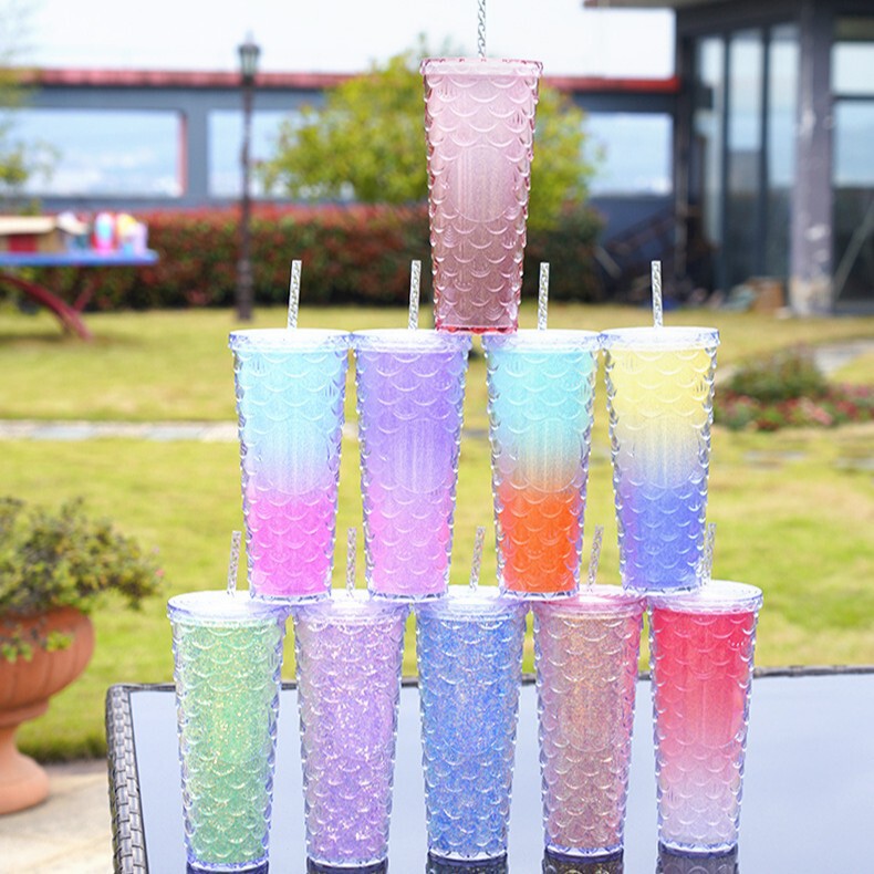 メーカー直販 二層構造プラスチックストローカップ おしゃれな新作 魚鱗カップ 大容量 ドリアンカップ ウォーターカップ 越境で人気販売中|undefined