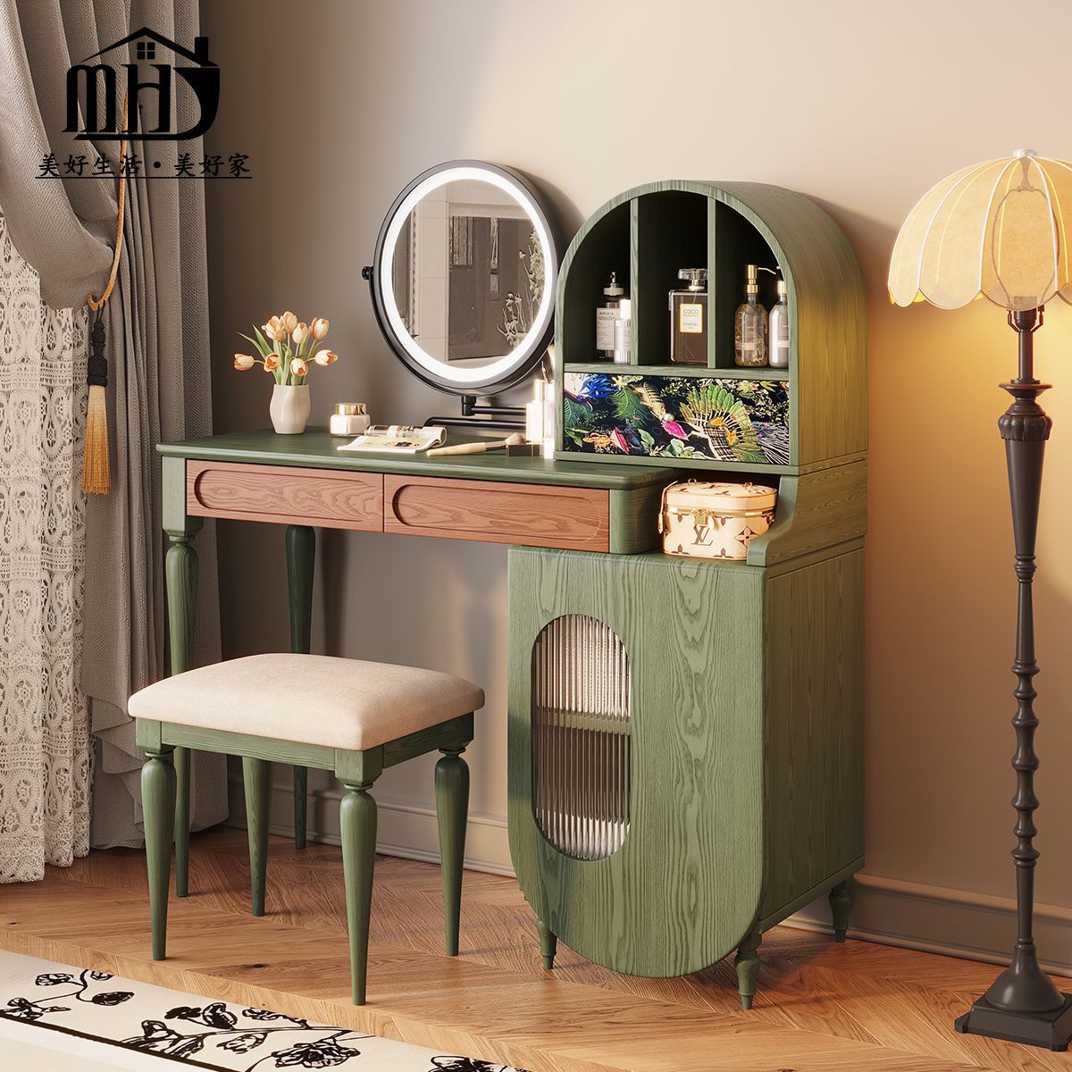 New Retractable Antique Hj French Retro Green Dressing Table Solid Wood m Dressing Table with Integrated Dresser