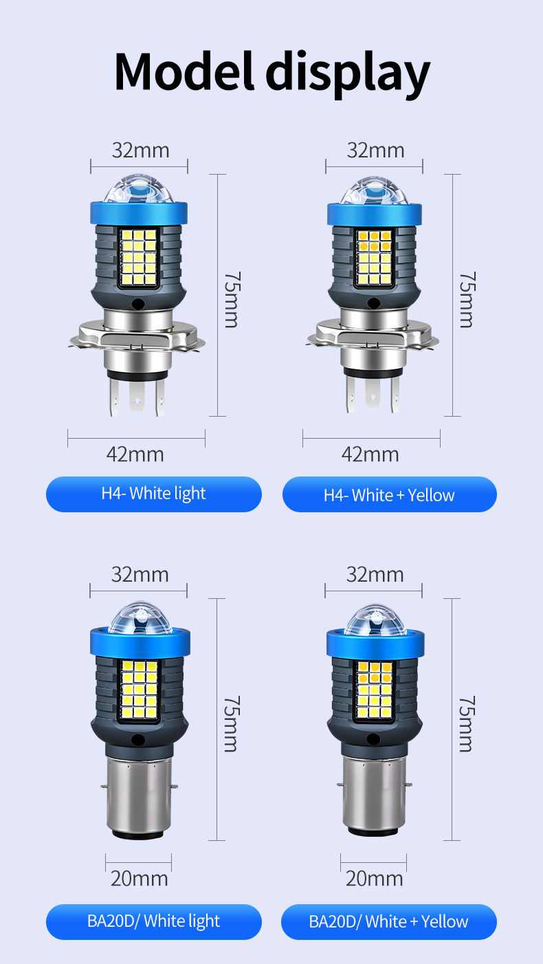 New product exclusively for cross-border sales: LED motorcycle headlight H4 BA20D, dual-color white and yellow, ultra-bright front headlight lens