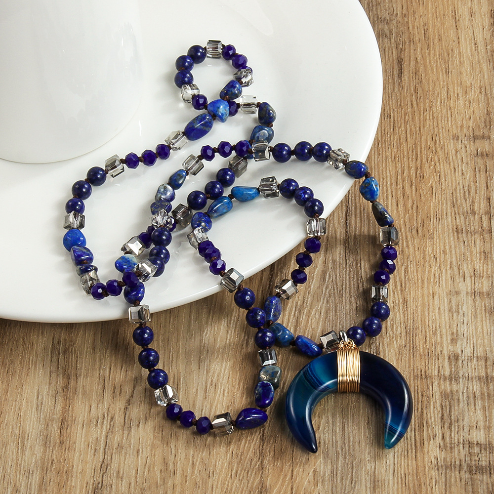 Aventurine, Natural Stone Chain Material Vintage Style Ethnic Style Moon Semi-precious Stone Natural Stone Beaded Chain Long Necklace In Bulk