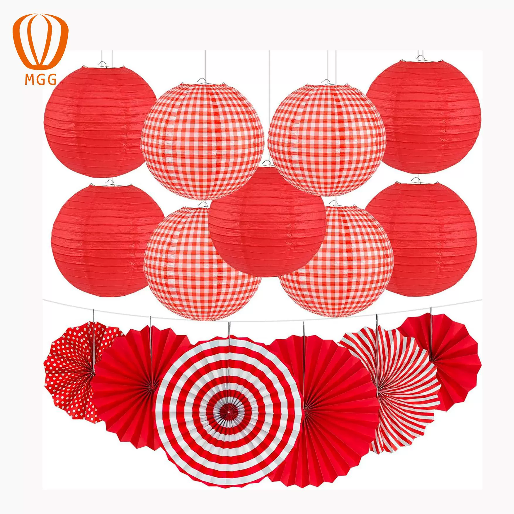 跨境新品圆形灯笼野外聚餐红格子纸灯笼野外婚庆布置纸扇挂饰
