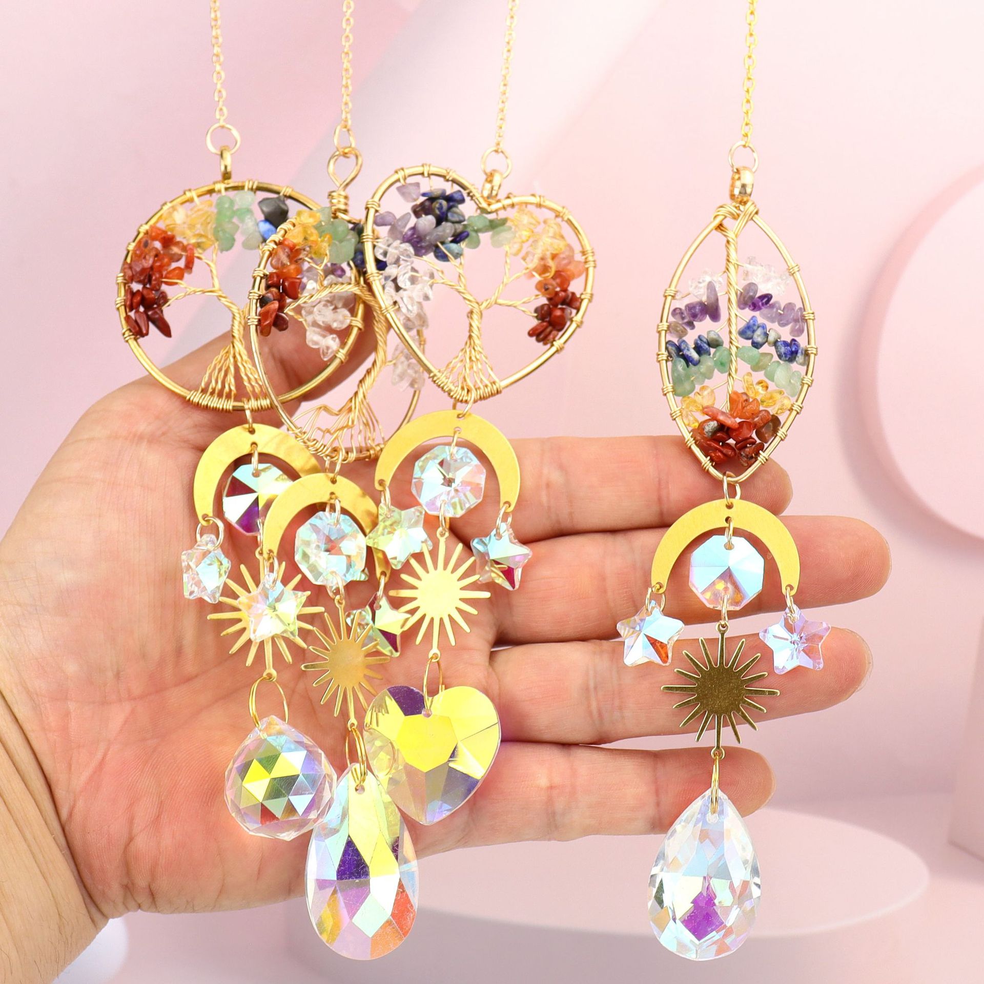 suncatcher Gold Heart-shaped Tree Of Life Sun Rainbow Catcher Hanging Window Decoration T83_voghion.com