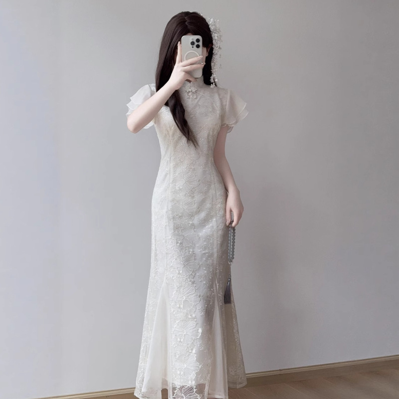 2026 Bridesmaid Dress New Chinese Style Improved Embroidered Qipao Mermaid Collar White Engagement Dress for Women 2026 Bridesmaid Dress New Chinese Style Improved Embroidered Qipao Mermaid Collar White Engagement Dress for Women