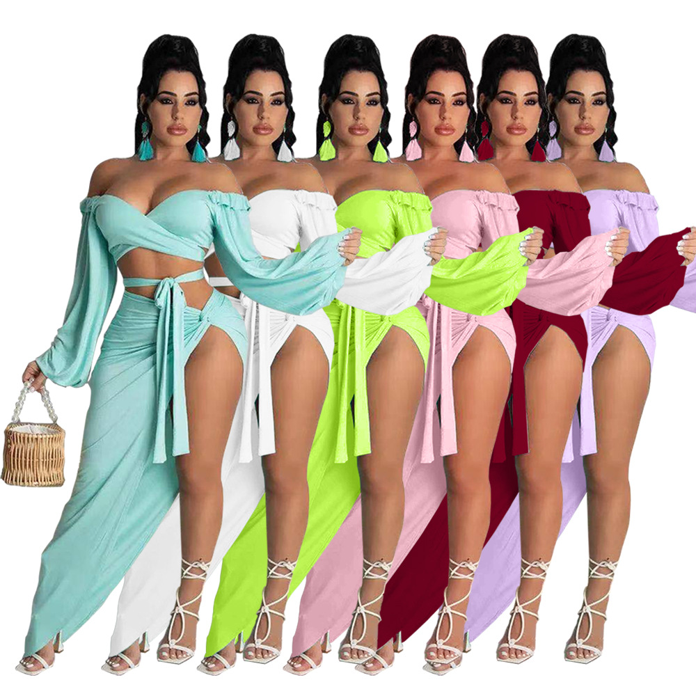 2021 Summer Elegant Commuter Green Long Sleeve Chest Wrap Knitted Fashion Loose Solid Color Dress BQ19186