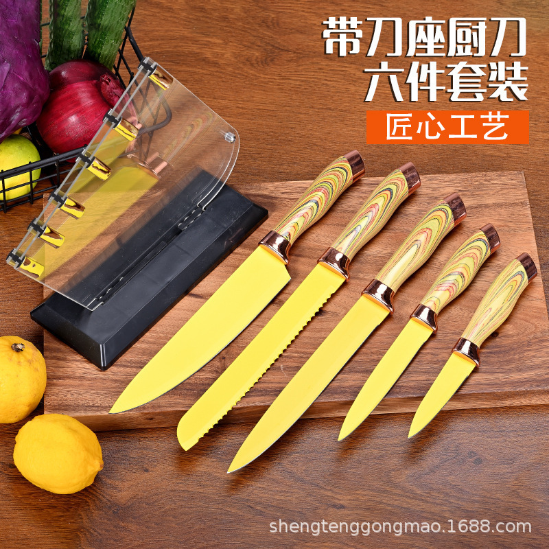 Fabricante mayorista de acero inoxidable con asiento de cuchillo de seis piezas conjunto de doble cabeza galvanizada mango de revestimiento multipropósito cuchillo de cocina juego de regalo