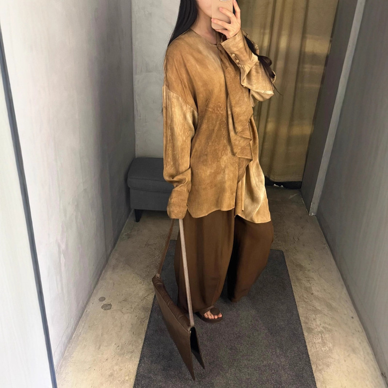 Irregular Design Silk Shirt with Handmade Smudged Old Plant Dyeing 22 Mumi Mulberry Silk Design Women's New Clothing