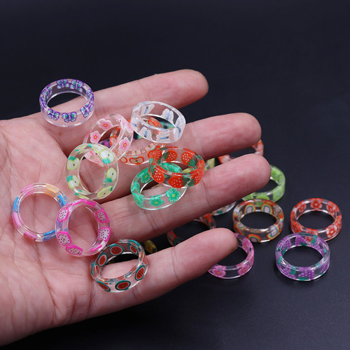  Fruit Strawberry Resin Soft Clay Cartoon Ring Colorful Cute Transparent Small Ring Sakura Petal Women’s Ring