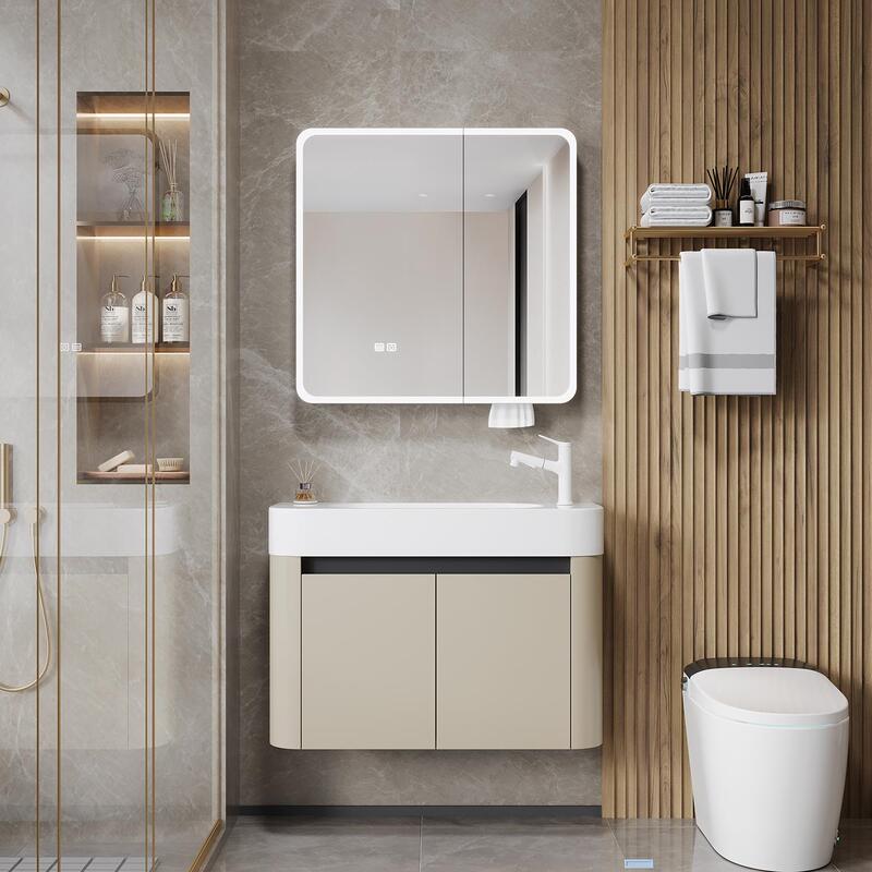 Space Aluminum Arc Rounded Corner Smart Storage Mirror Cabinet with Towel Bar Tissue Hole Storage Mirror Box Bathroom Makeup Mirror