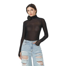 wish热销欧美女装性感高领长袖网纱微透花朵装饰修身连体衣打底衣