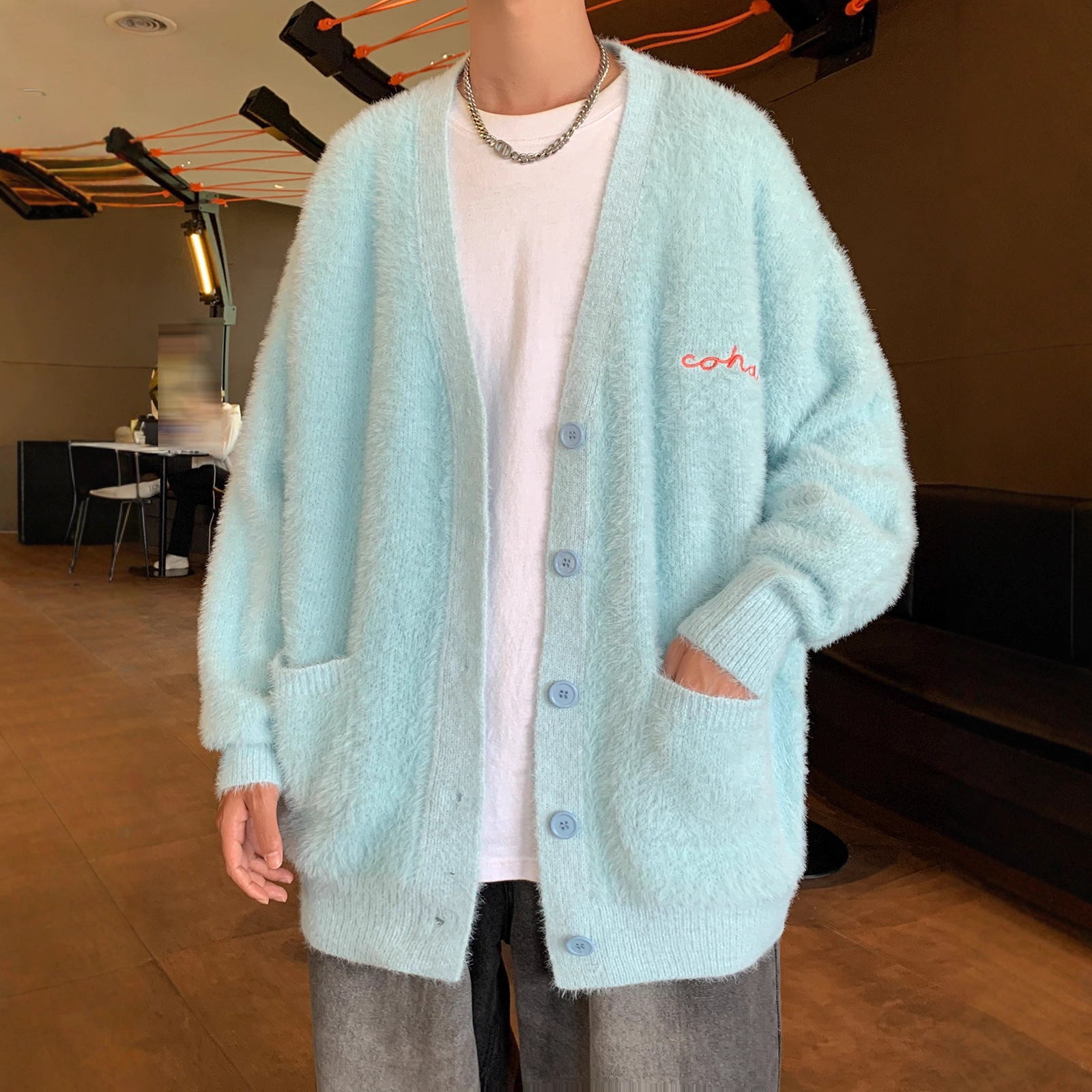 College Style Mink Velvet Cardigan Knitwear Jacket Men's Autumn and Winter Personalized Trendy Brand Embroidered Youth V Neck Knitwear