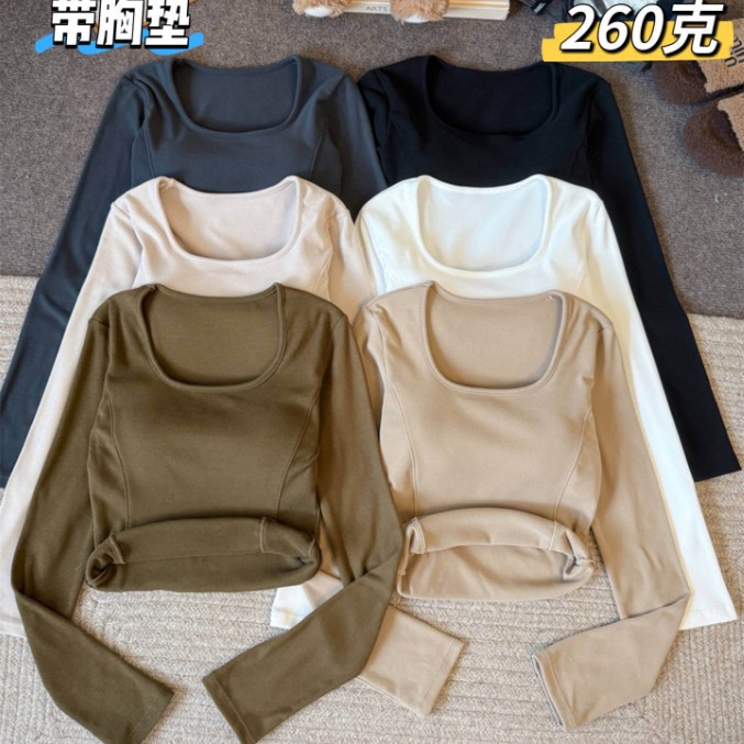 5075 # Brushed Square Collar Inner Layering Shirt with Breast Pads for Women in Autumn and Winter Slimming Look Sweet Sexy Long-Sleeved T-Shirt for Women Trendy