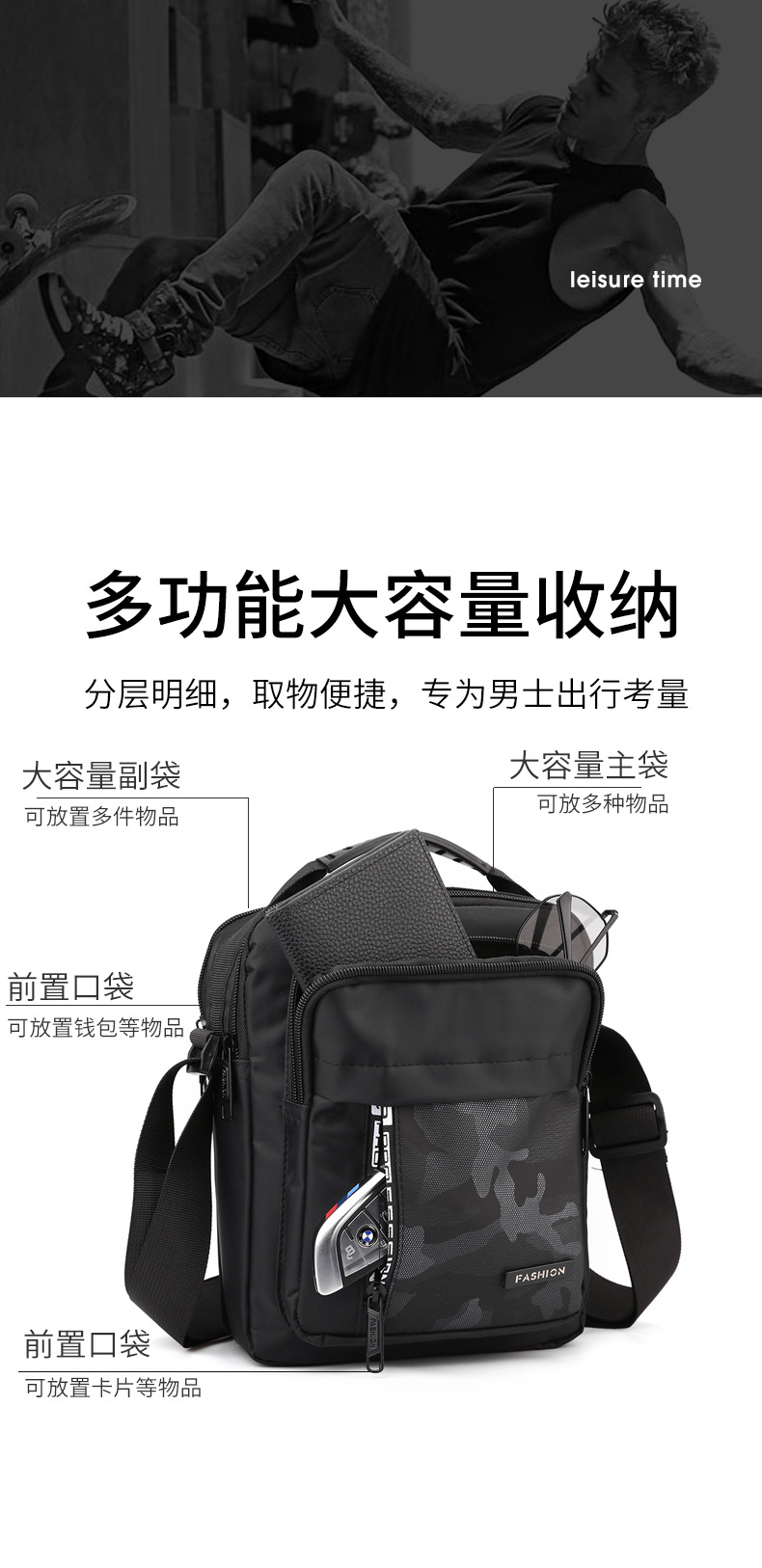 Men's trendy and simple single-shoulder bag, nylon waterproof casual crossbody bag, cash register outdoor travel bag factory direct sales undefined