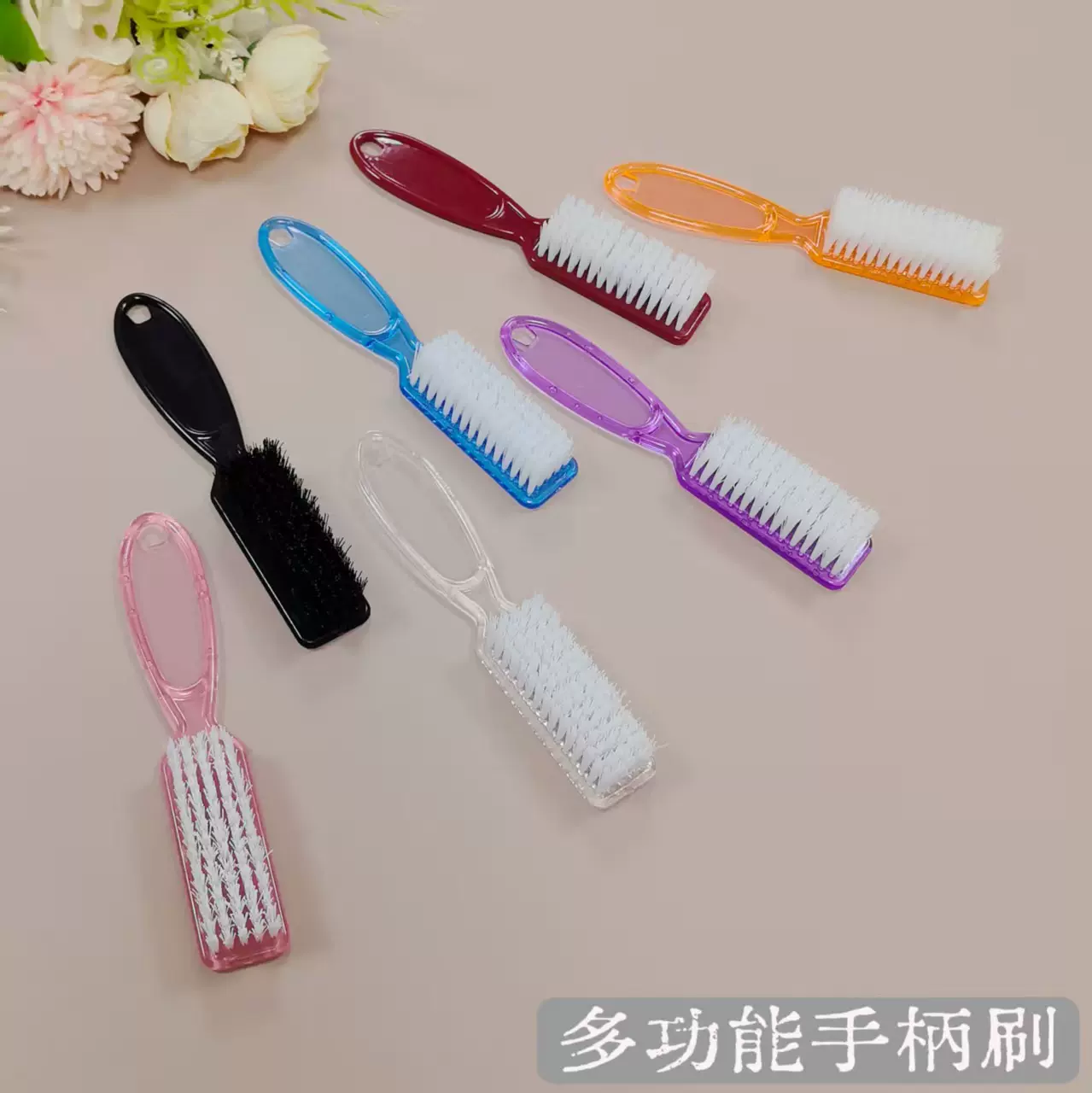 跨境现货美甲工具彩色粉尘刷手柄刷多功能指甲清洁刷粉尘羊角刷子