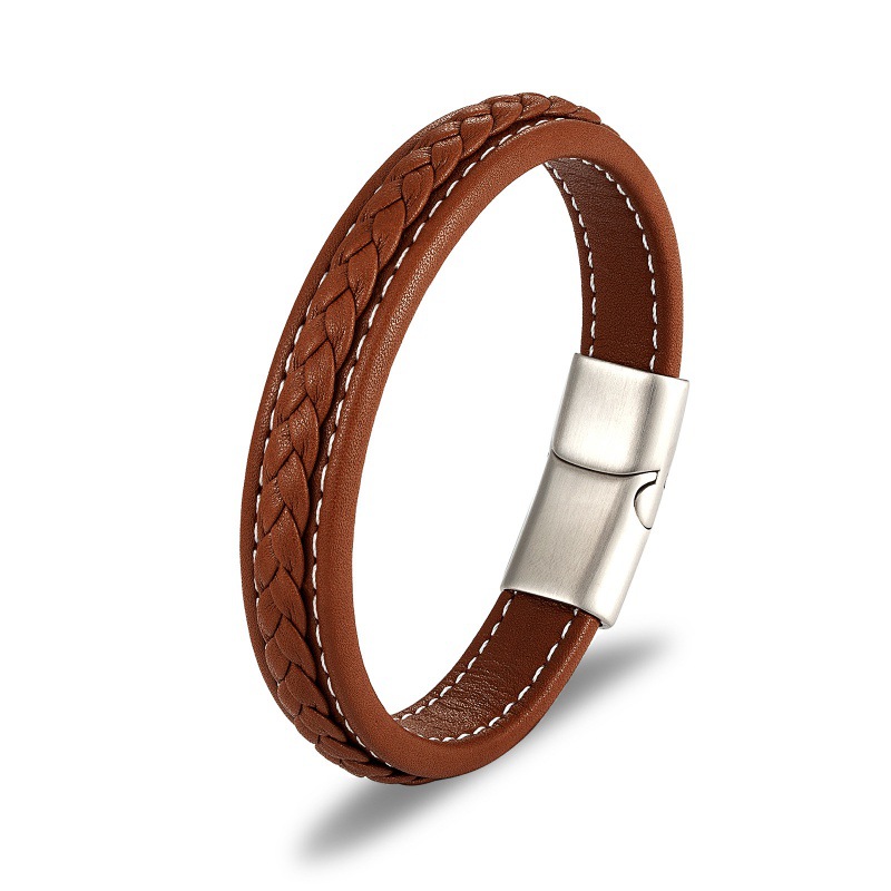 Bracciale in pelle con incisione, fibbia magnetica in acciaio inossidabile, bracciale in pelle di mucca intrecciata, semplice braccialetto da uomo, incisione fai da te_voghion.com