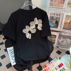 立体花デザイン感小衆丸首半袖tシャツ女2023新韓系不規則開叉ゆるい上着