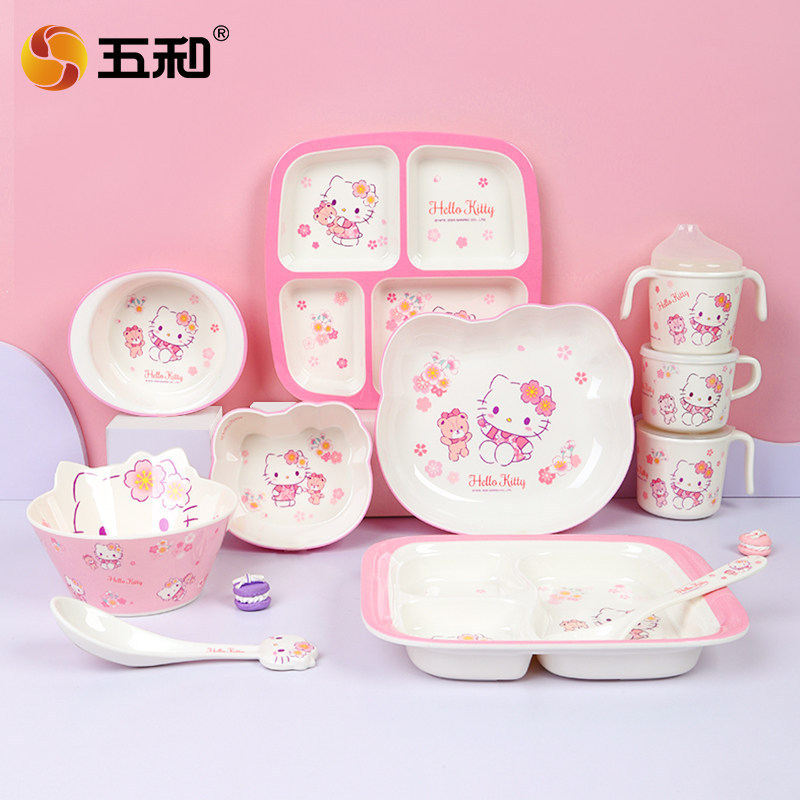 Melamine Kt Cat Children's Tableware Cartoon Cherry Blossom Hello Kitty Baby Divided Plate Infant Feeding Bowl Water Cup Melamine Kt Cat Children's Tableware Cartoon Cherry Blossom Hello Kitty Baby Divided Plate Infant Feeding Bowl Water Cup