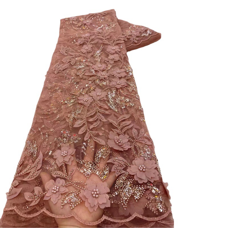 Tela africana con cuentas de flores y hojas tridimensionales láser, encaje bordado para vestido de novia.