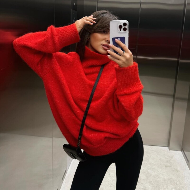 American-Style Lazy High-Neck Pullover Sweater for Women, 2026 Autumn and Winter Christmas Red Loose Stand-Up Collar Thickened Knitwear