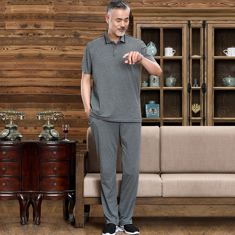 Verano nuevo estilo traje deportivo de mediana edad y ancianos pantalones de manga corta para hombre camiseta cuello redondo vestido de papá ropa casual traje delgado