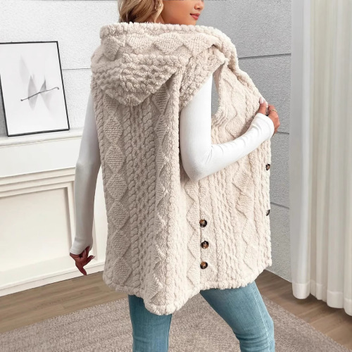 European and American cross-border foreign trade hot-selling solid color double-sided plush hooded button cardigan casual ladies autumn and winter vest