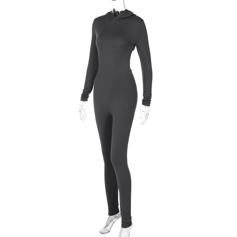Women Clothing Winter Solid Color Long Sleeve Hooded Backless Slim Fit Sports Jumpsuit Women