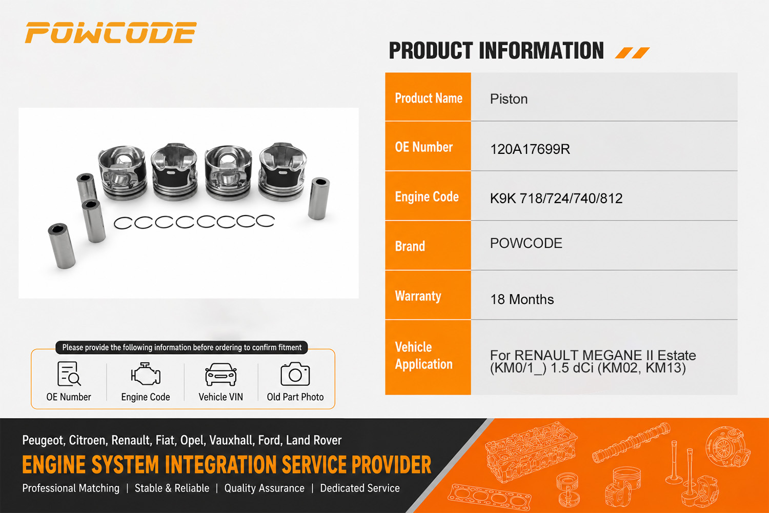 120A17699R is suitable for Renault K9K 718/724/740/812 engine pistons, standard size