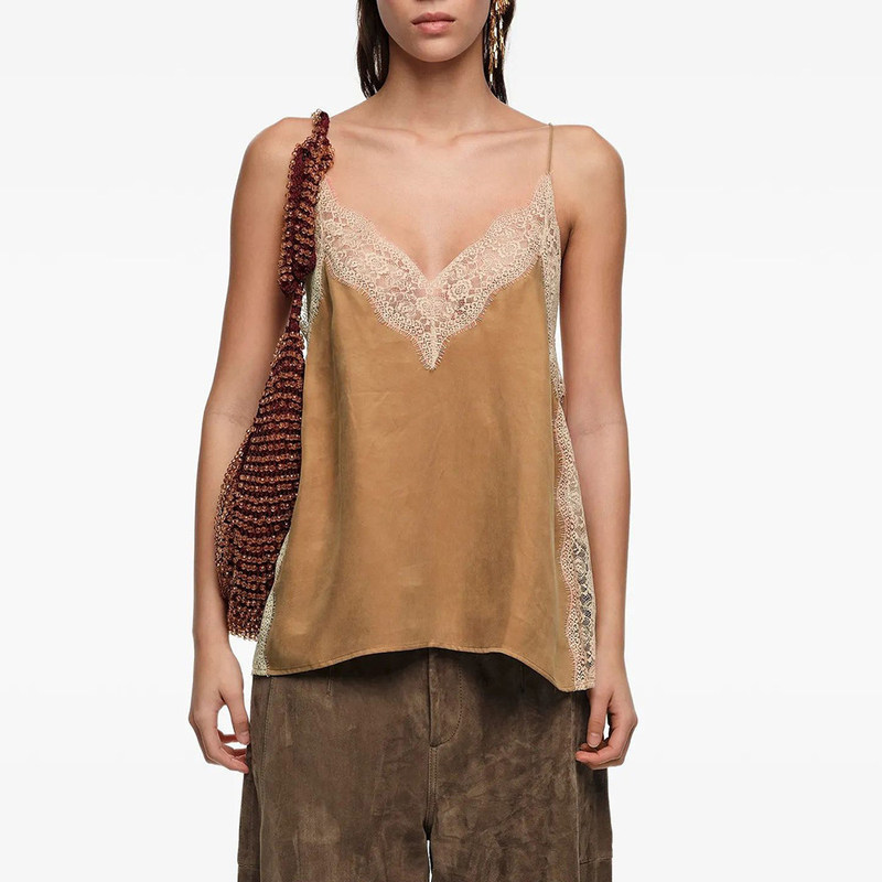 2026 Summer New Niche Style Brown Lace Patchwork Camisole Women's V-Neck Sexy Inner Top