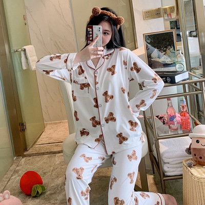 5010#泰迪熊春秋季卡通牛奶丝睡衣女长袖翻领套装家居服