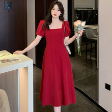 实拍黑色连衣裙女夏新款法式复古方领收腰显瘦气质赫本风长款裙子