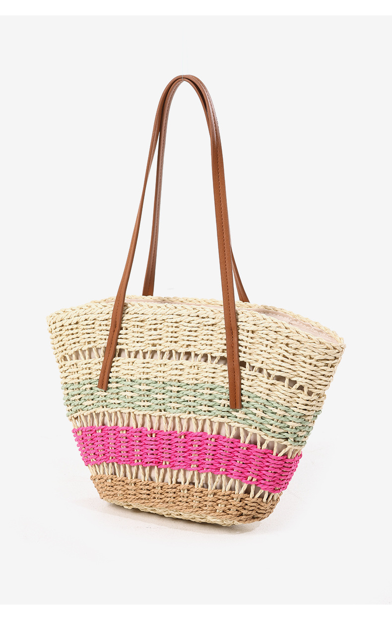 Women's Medium Straw Color Block Vacation Beach Weave Bucket Zipper Straw Bag display picture 3