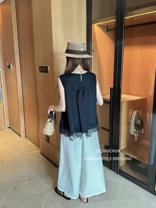 2025 新しい夏スタイルの年齢を軽減するボウレースステッチノースリーブベストシャツ女性のスリムで多用途なチョッキトップ|undefined