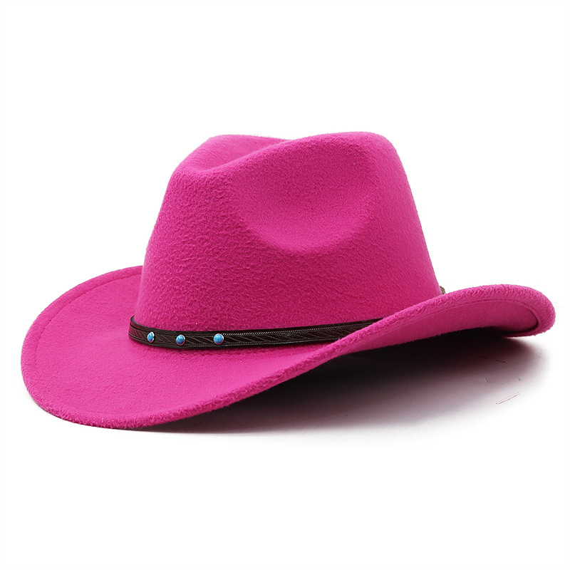 Cappello unisex semplice deformato cappello jazz in lana cappello a cilindro blu turchese cintura tinta unita cappello da cowboy western_voghion.com