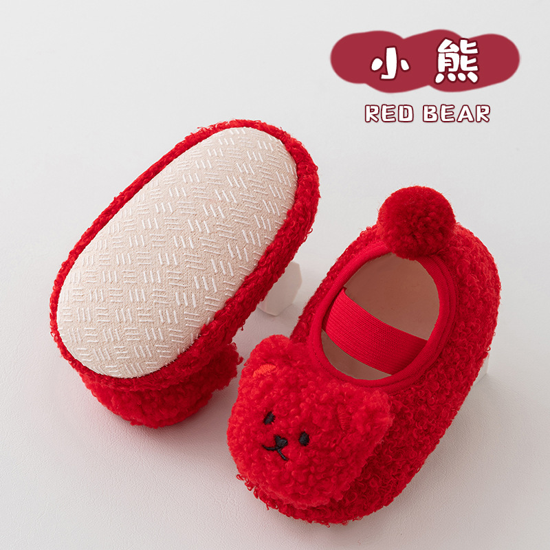 23 Otoño e Invierno engrosado forro de lana con cordones muñeca zapatos de bebé calcetines infantiles niños antideslizantes zapatos de niño zapatos de piso rojo