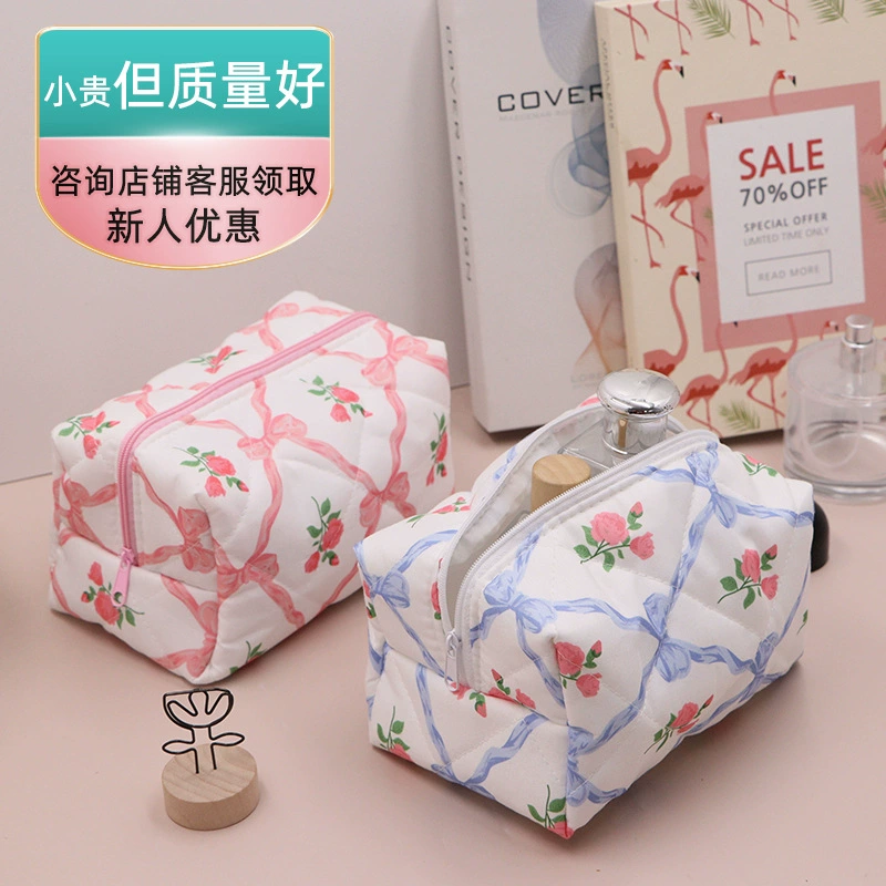 High quality blue cosmetic bag with bow, organizer bag
