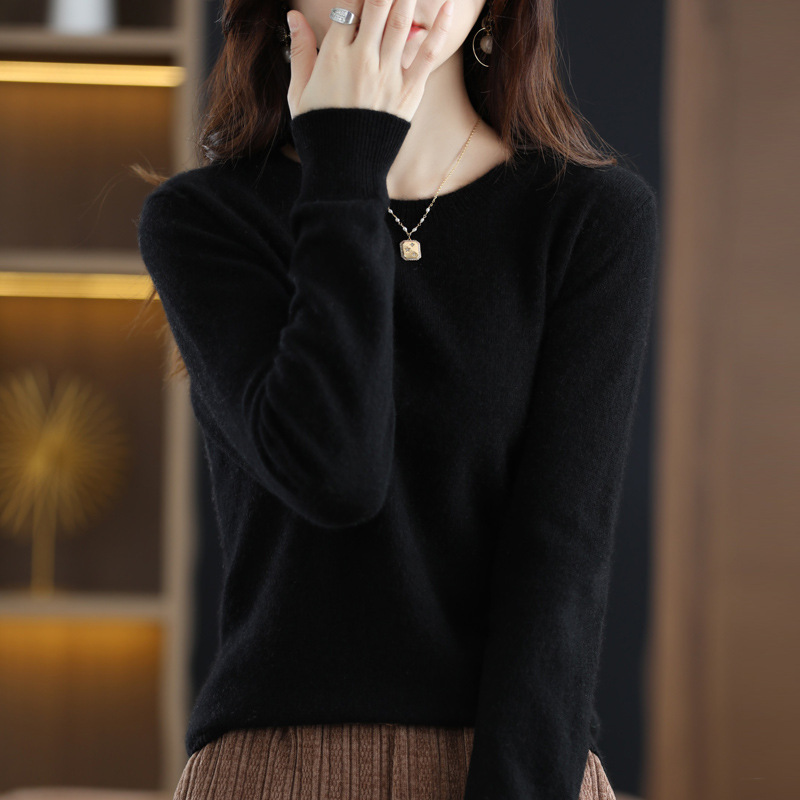 Otoño e Invierno 100% suéter de lana pura de las mujeres de cuello redondo Jersey corto de lana de manga larga suéter recto suéter a juego ropa exterior