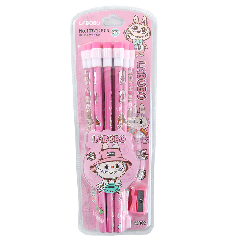 dibujos animados Lab HB lápiz de escritura de estudiantes de primaria 12 rodas con cuchillo de lápiz de alto valor de aprendizaje papelería al por mayor