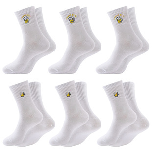 Beer Sports Mid-Calf Socks Breathable Cross-Border Cotton Socks Wholesale White Stockings Men's and Women's Deodorant Embroidered Socks