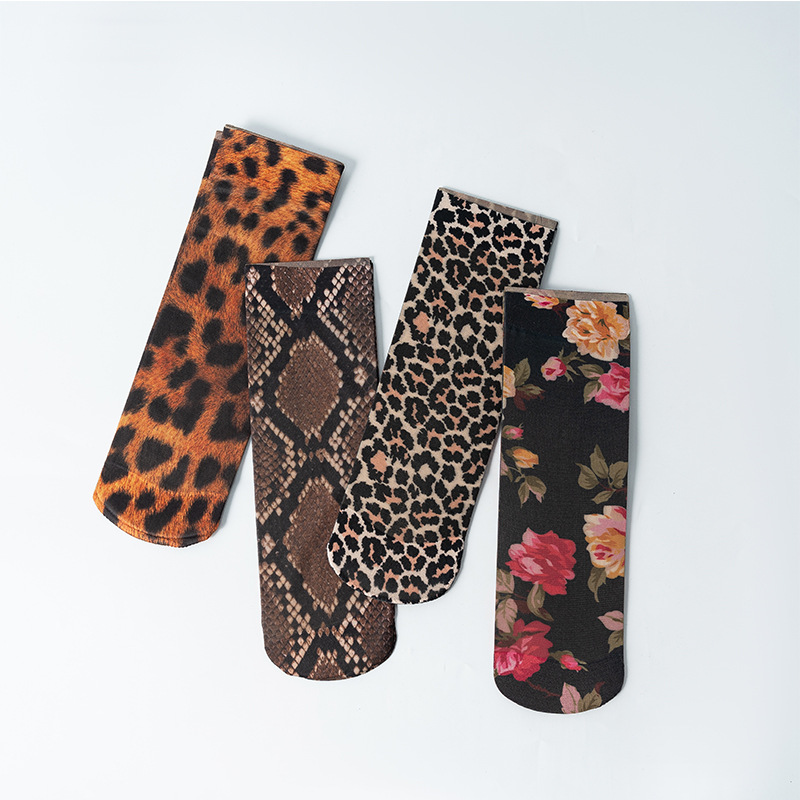 Funny Flower Leopard Nylon Crew Socks display picture 1