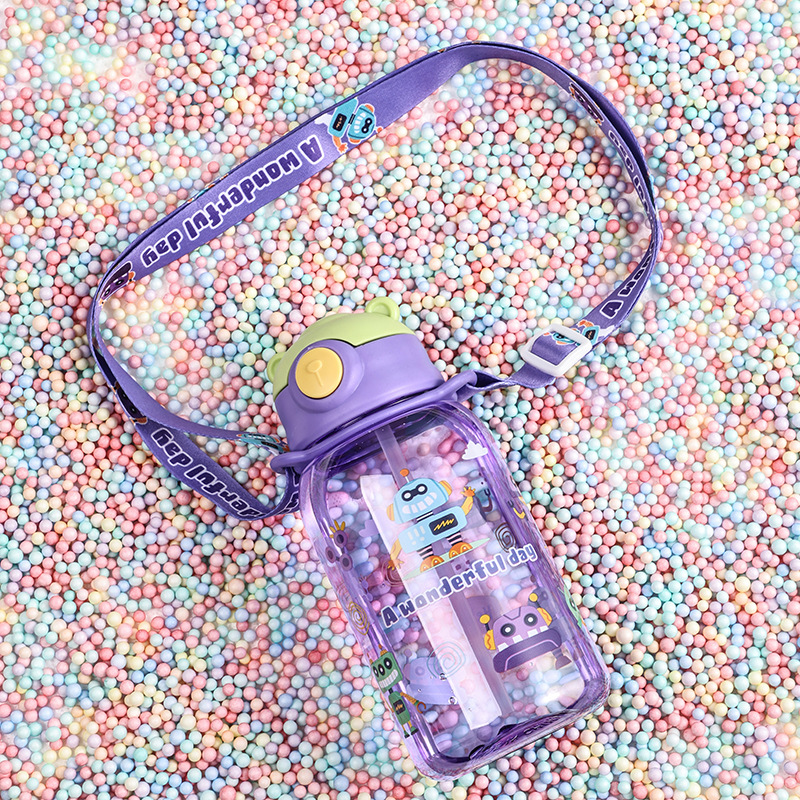 Taza de agua para niños - Para verano, uso escolar para niños y niñas, con correa portátil, taza de pajita de plástico, botella de agua para primarios