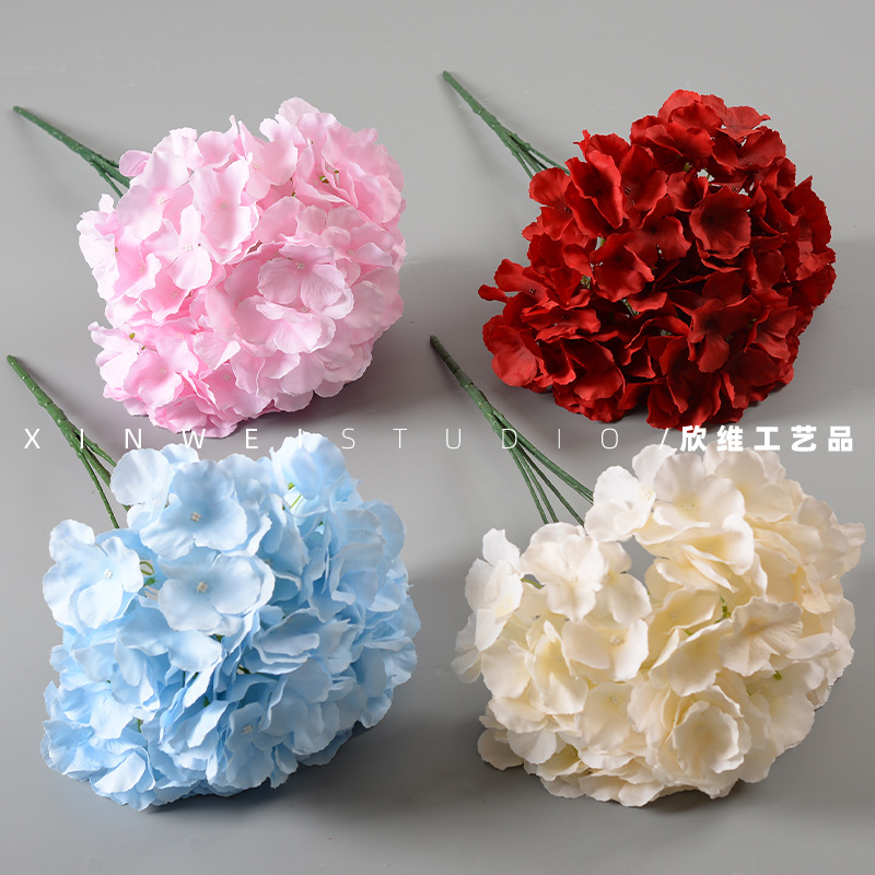 Hortensia artificial 5-cabeza paquete macaron Hortensia boda tiro diseño decoración del hogar flor falsa Flor de tela de seda