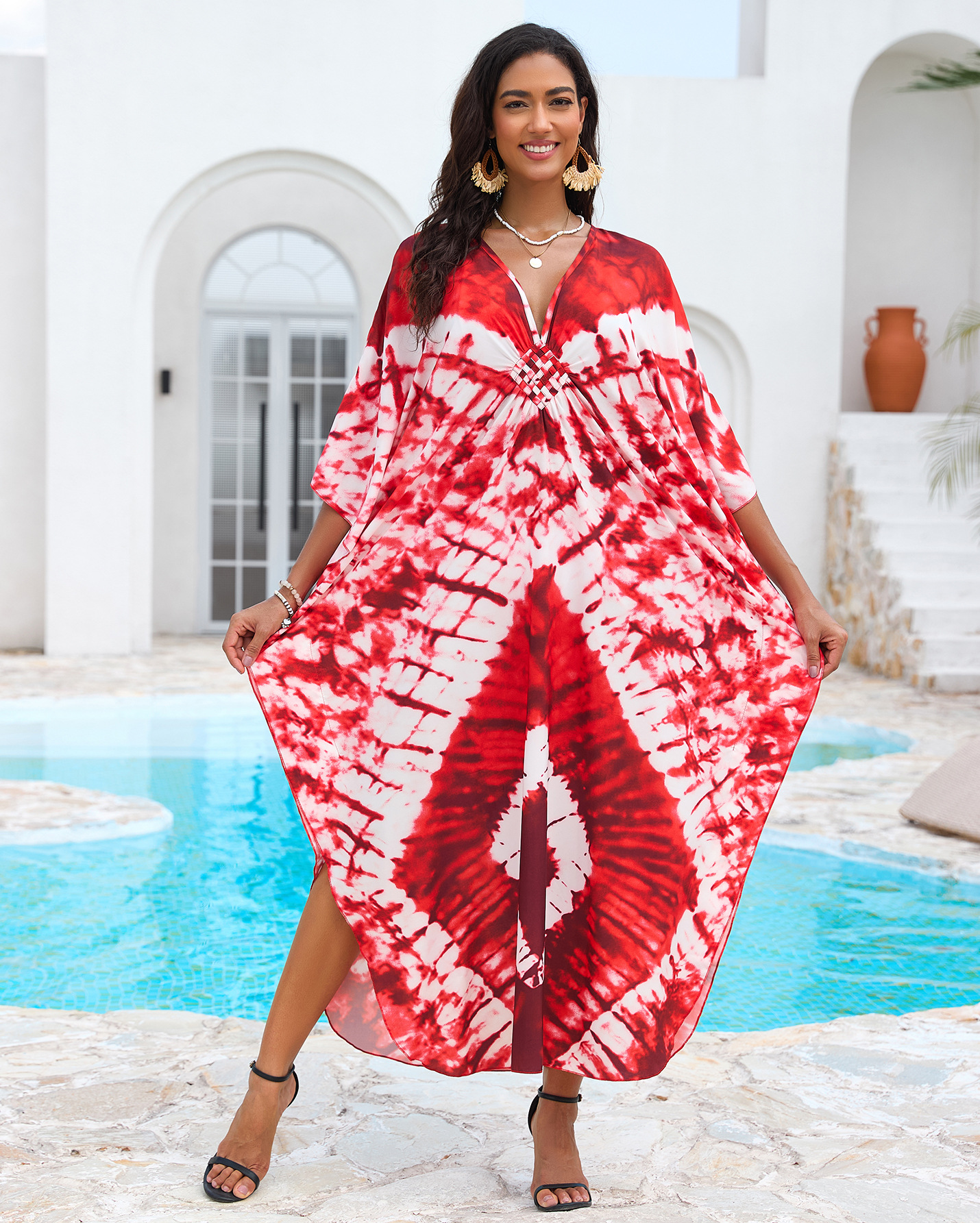 Nuevo posicionamiento de Europa y América impresa playa blusa tejida a mano V-collar vestido de vacaciones vestido largo 31 colores