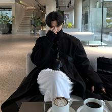 ASCLO秋冬新款男士毛呢大衣韩版高街长款过膝黑色加厚风衣慵懒感