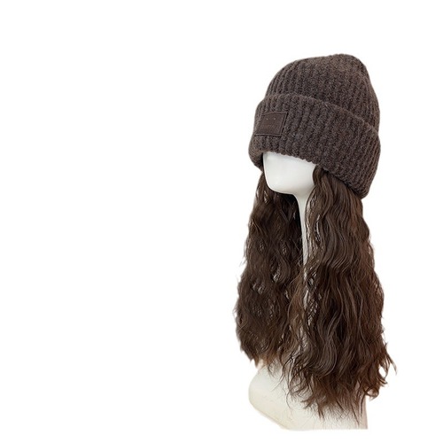 Hat wig women's detachable long hair new autumn and winter knitted wool hat one-piece full head cover wig hat cold hat