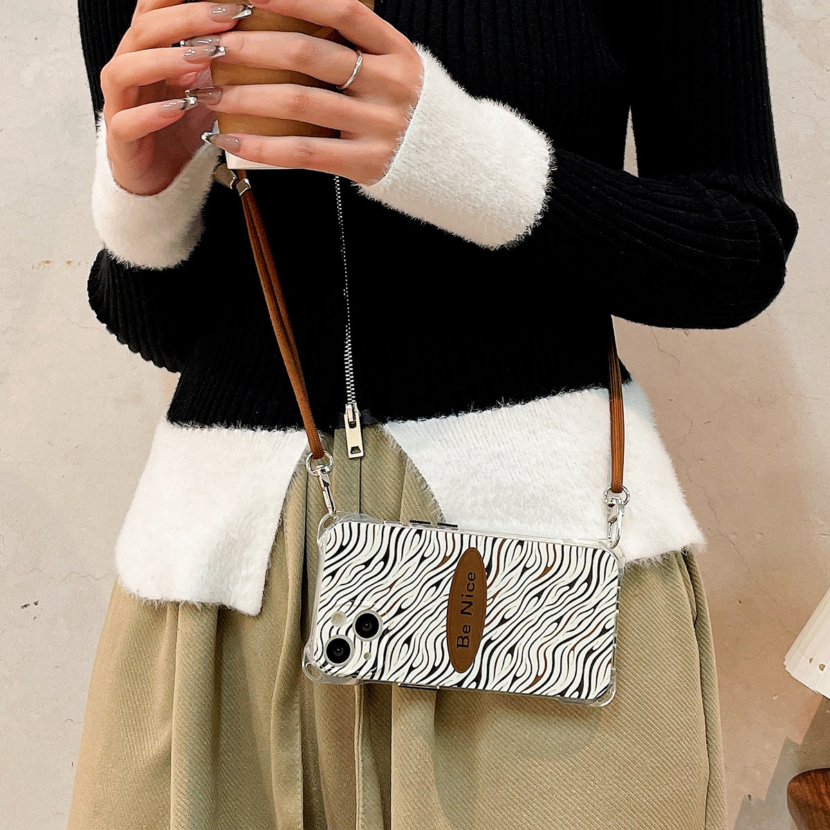 Zebra Print Crossbody Phone Case For Iphone 15 Pro Max And 14_voghion.com