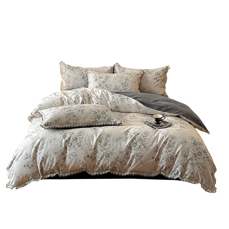 Conjunto de cama de quatro peças em algodão puro escovado, estilo vintage boho francês nórdico, composto por capa de edredom, lençol e conjunto de três peças com elástico._voghion.com